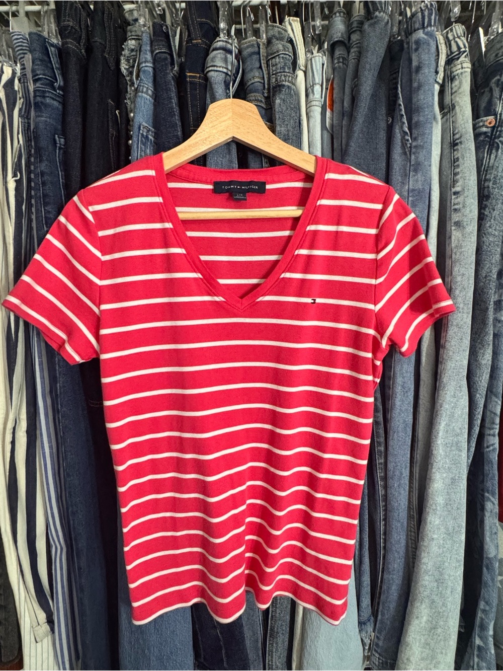 Tommy Hilfiger Pink & White Striped V-Neck Short Sleeve Tee